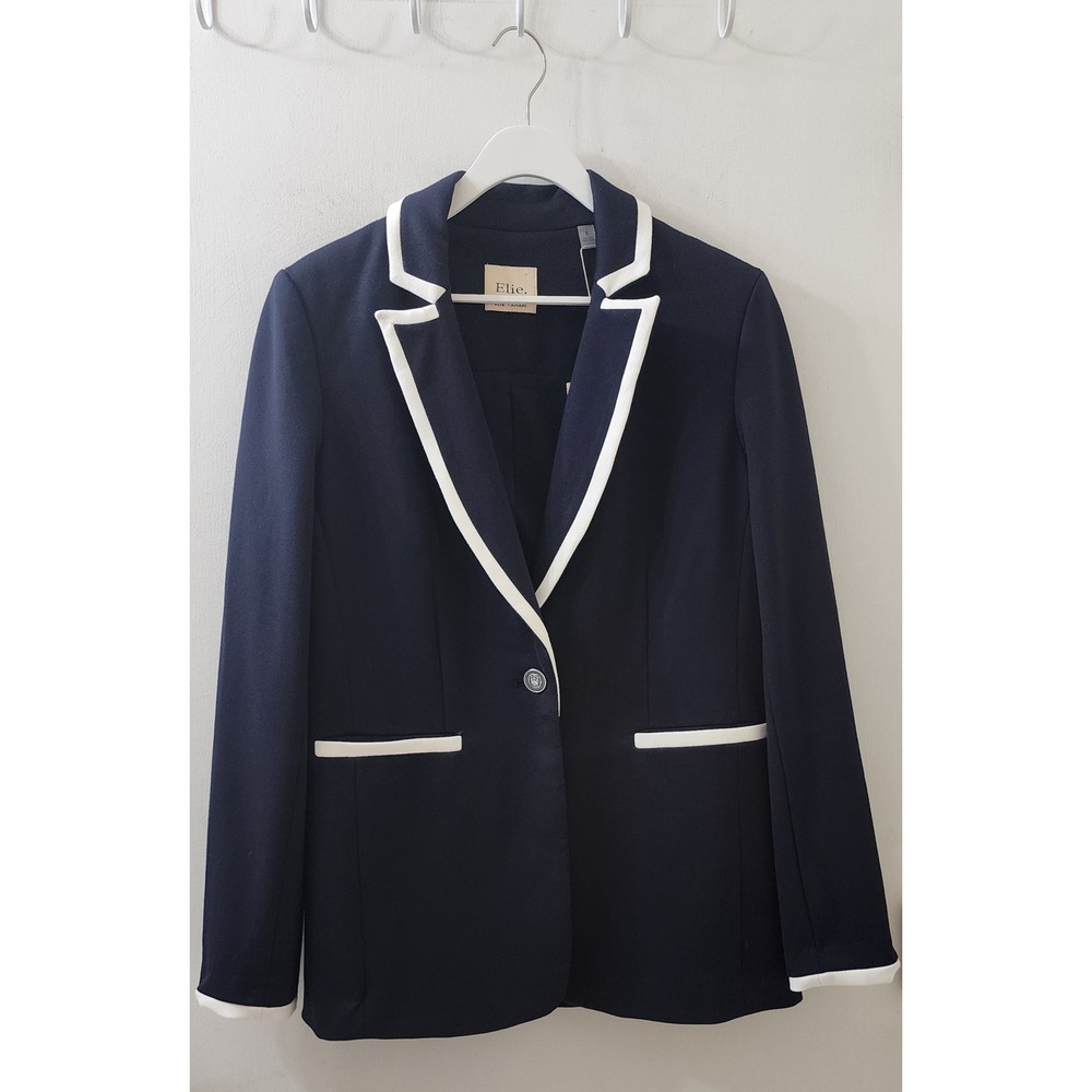 Elie Elie Tahari Navy Blue Contrast Trim Blazer Jacket Nightlife Ivory Size 8